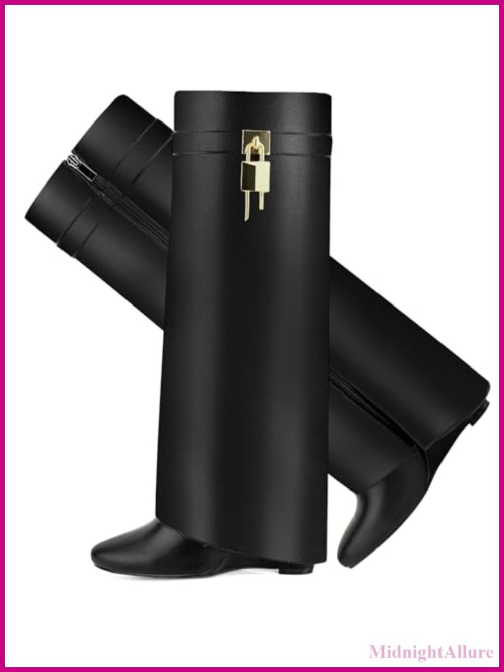 Women's Fold Over Knee High Shark Boots 4-Inch Wedge Heel Side Zipper Faux